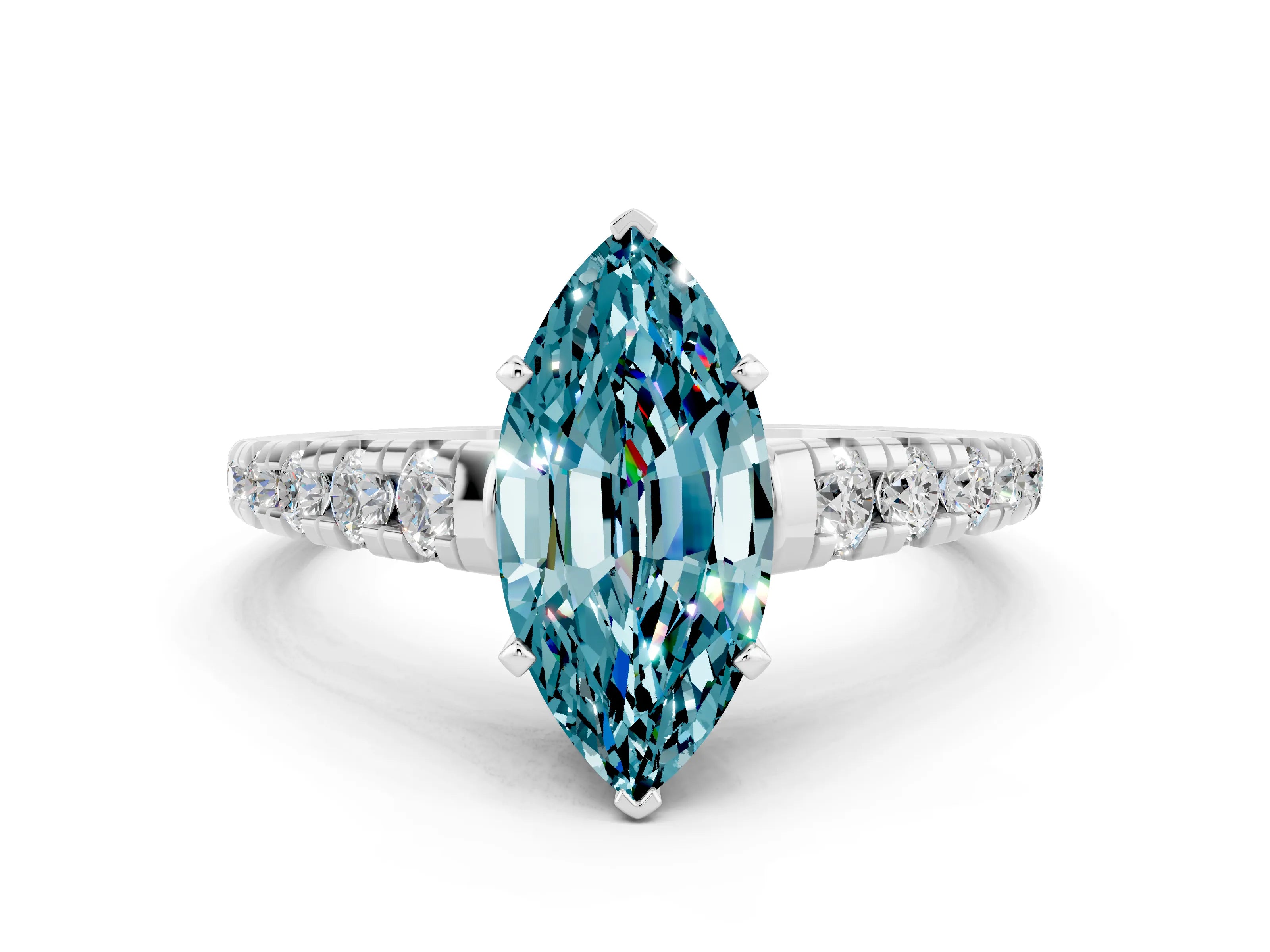 White gold Marquise Cut Blue Topaz Solitaire Ring with Cathedral Setting and Pavé Band