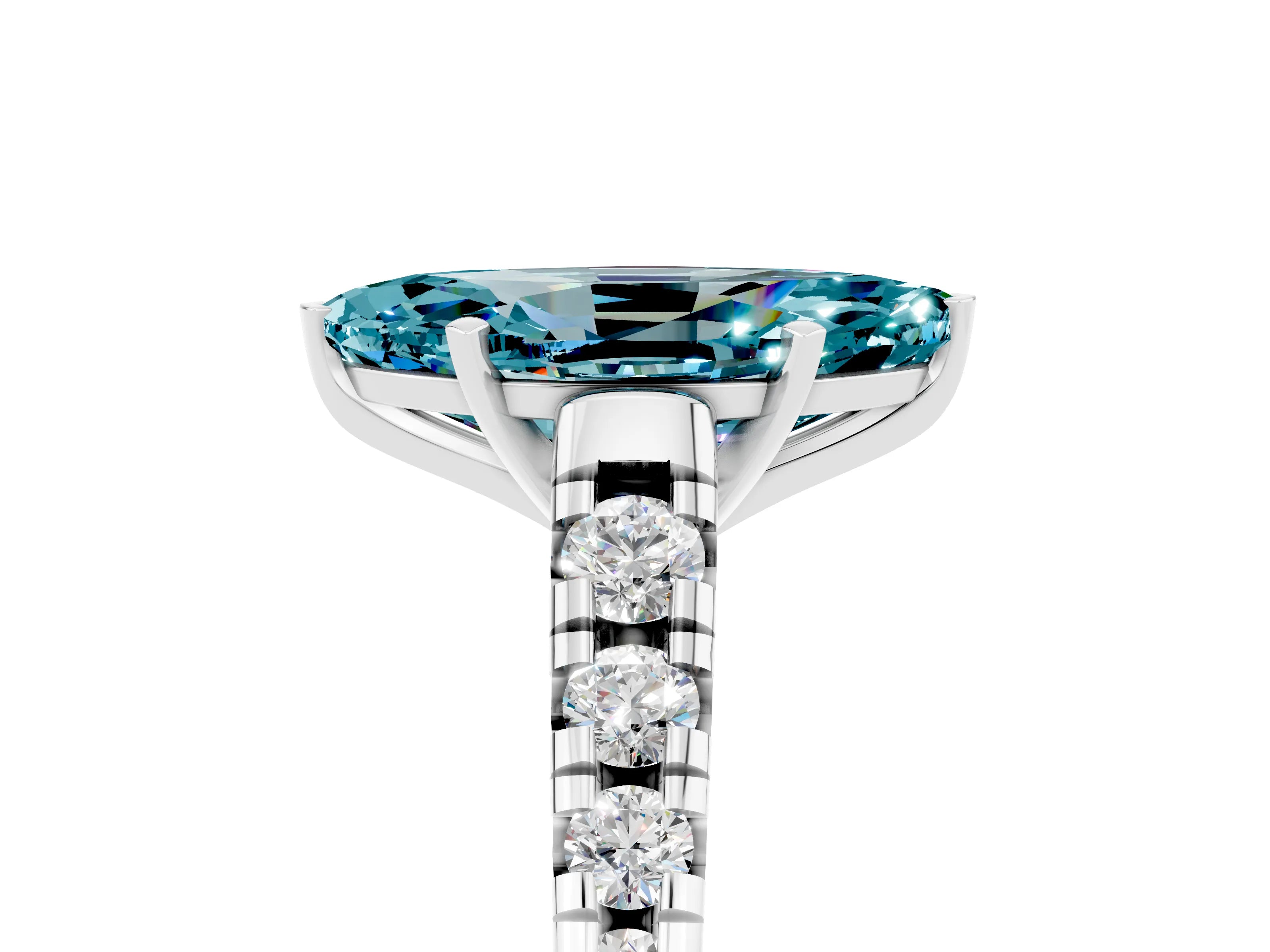 White gold Marquise Cut Blue Topaz Solitaire Ring with Cathedral Setting and Pavé Band_5
