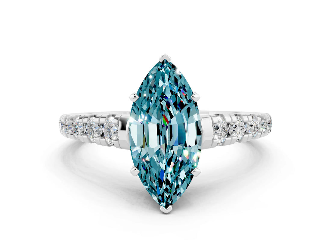 White gold Marquise Cut Blue Topaz Solitaire Ring with Cathedral Setting and Pavé Band