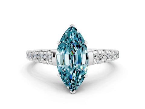 White gold Marquise Cut Blue Topaz Solitaire Ring with Cathedral Setting and Pavé Band
