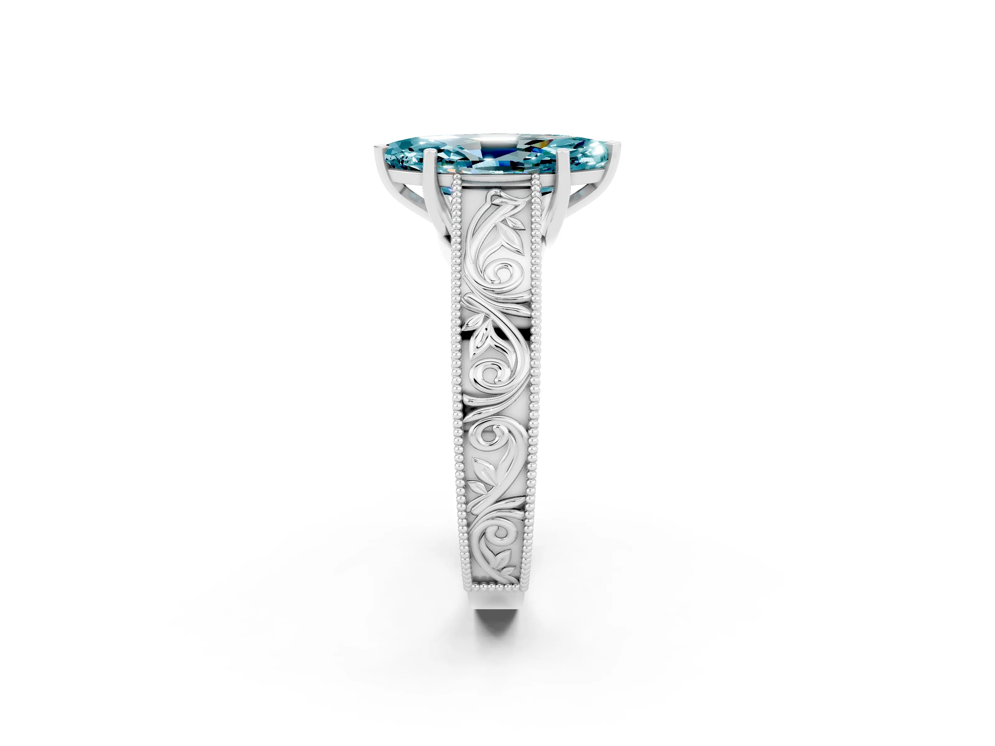 White gold Marquise Cut Blue Topaz Solitaire Ring with Engraved Band and Four-Prong Setting_2