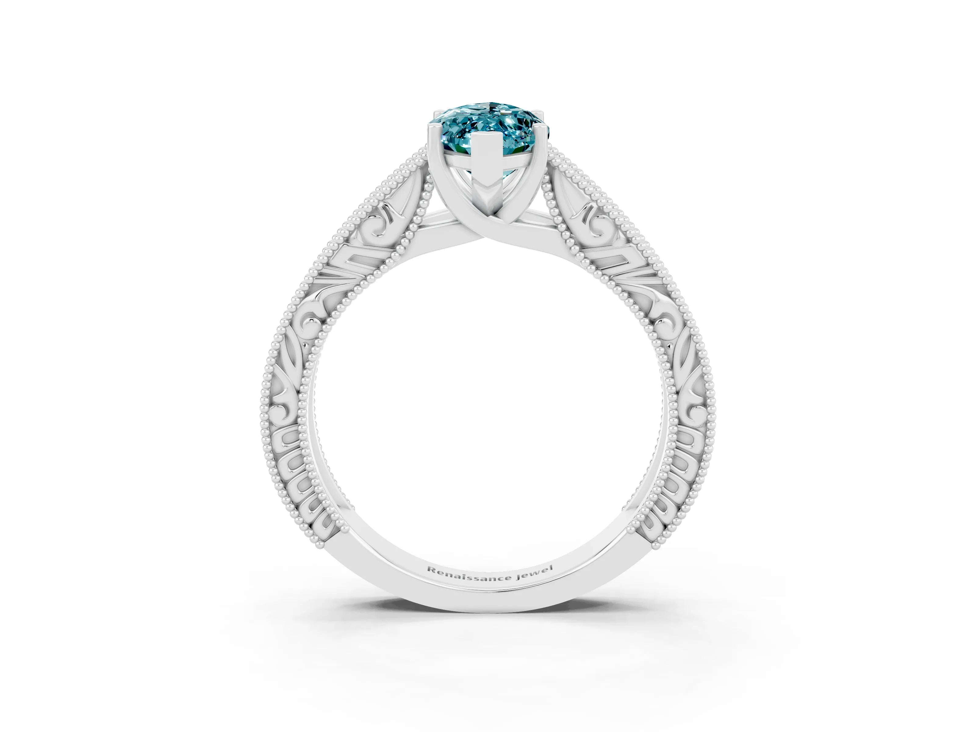 White gold Marquise Cut Blue Topaz Solitaire Ring with Engraved Band and Four-Prong Setting_3