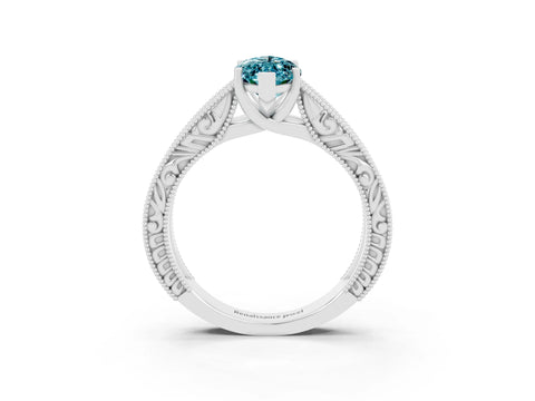 White gold Marquise Cut Blue Topaz Solitaire Ring with Engraved Band and Four-Prong Setting_3