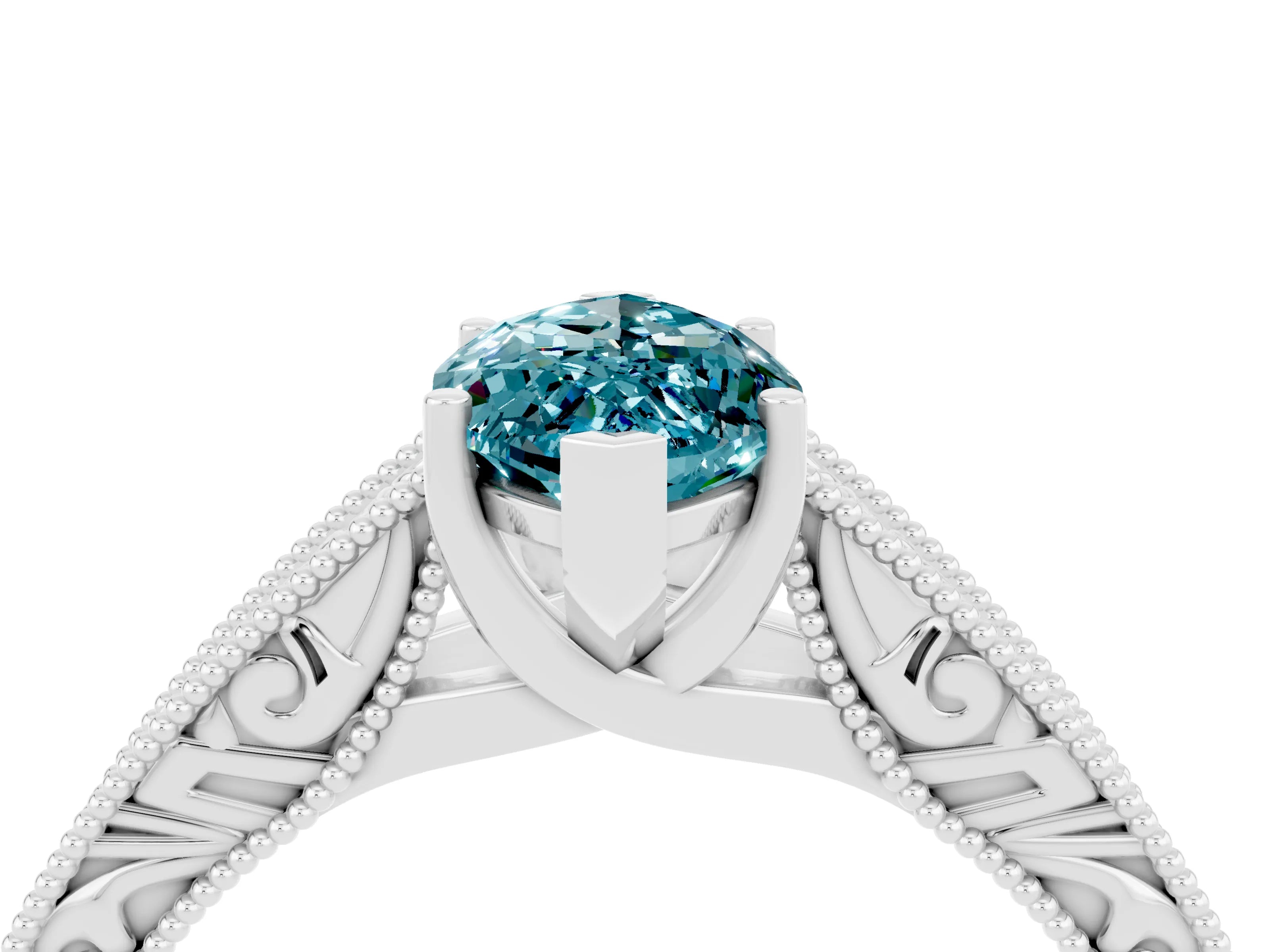 White gold Marquise Cut Blue Topaz Solitaire Ring with Engraved Band and Four-Prong Setting_4
