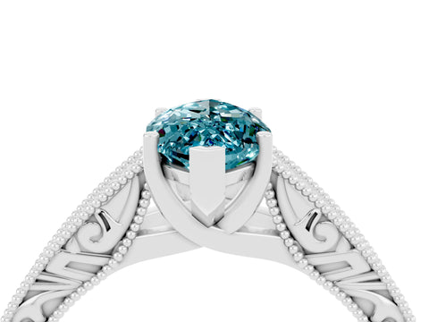 White gold Marquise Cut Blue Topaz Solitaire Ring with Engraved Band and Four-Prong Setting_4
