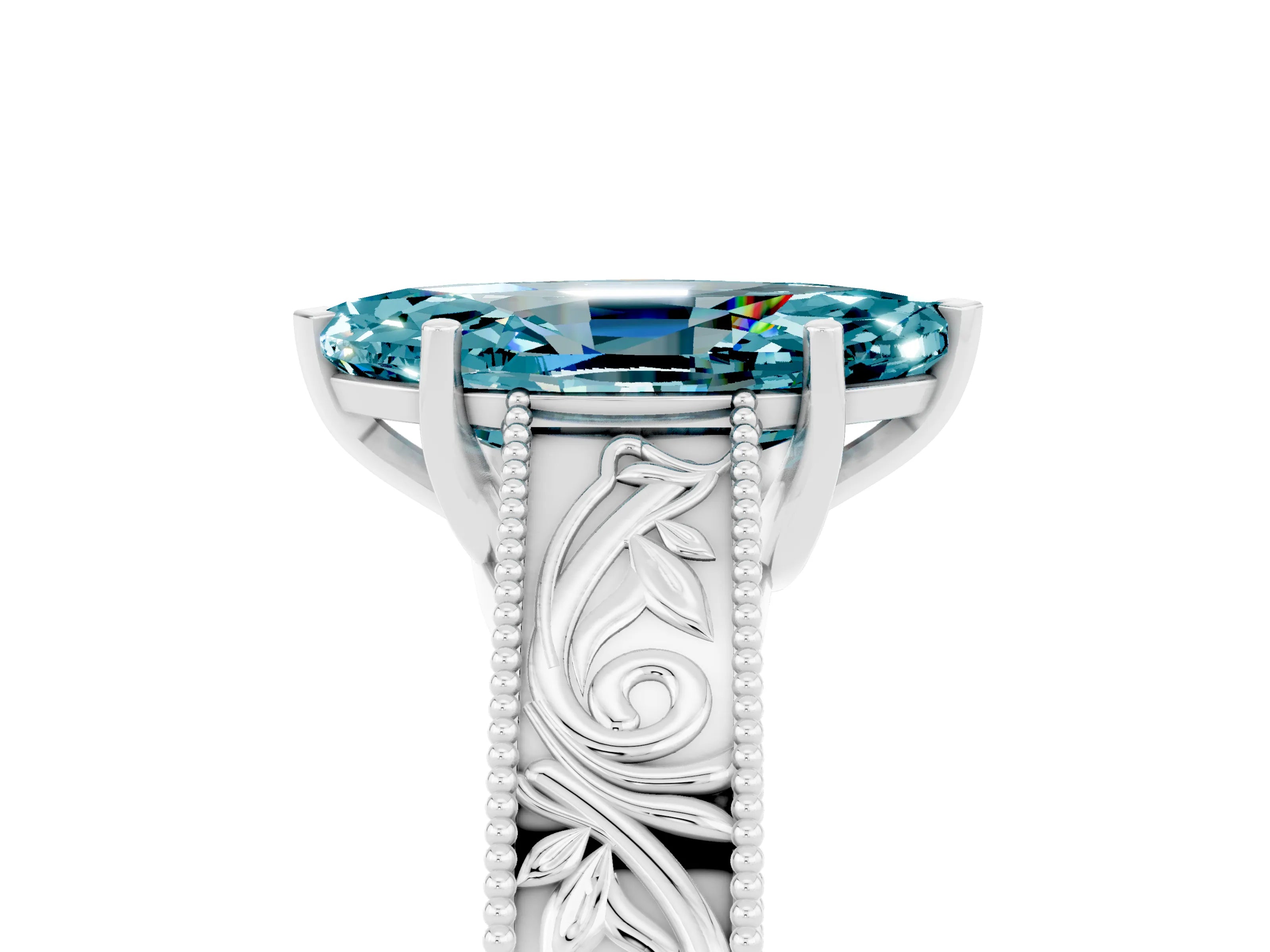 White gold Marquise Cut Blue Topaz Solitaire Ring with Engraved Band and Four-Prong Setting_5