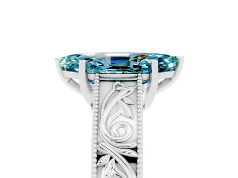 White gold Marquise Cut Blue Topaz Solitaire Ring with Engraved Band and Four-Prong Setting_5