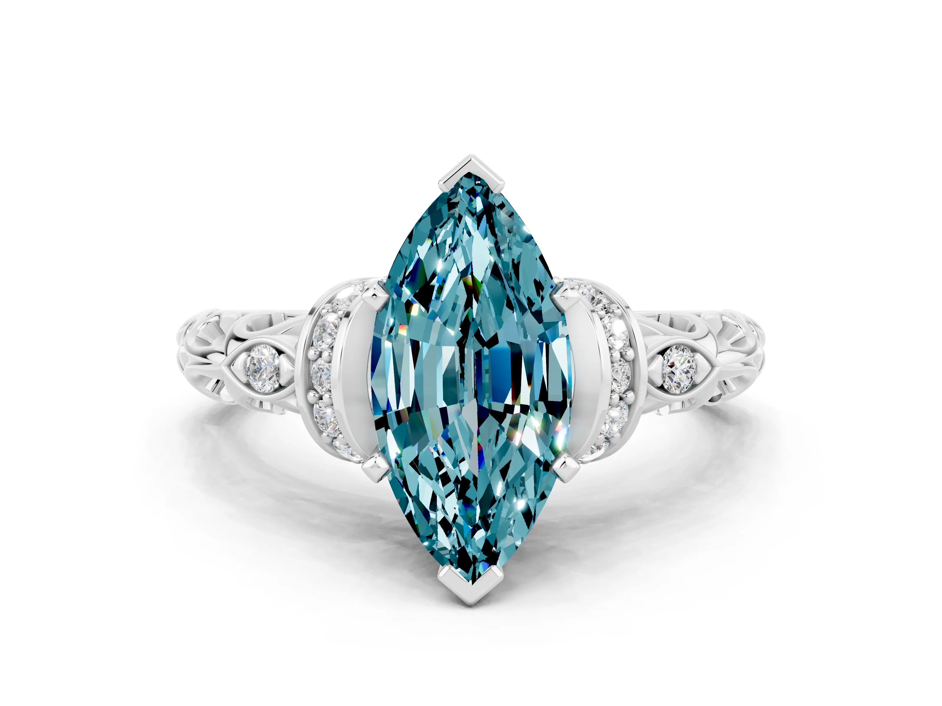 White gold Marquise Cut Blue Topaz Solitaire Ring with Filigree Band and Four-Prong Setting_24