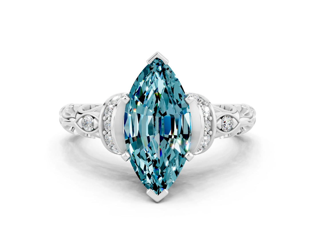 White gold Marquise Cut Blue Topaz Solitaire Ring with Filigree Band and Four-Prong Setting_24