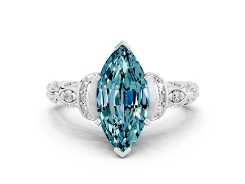White gold Marquise Cut Blue Topaz Solitaire Ring with Filigree Band and Four-Prong Setting_24