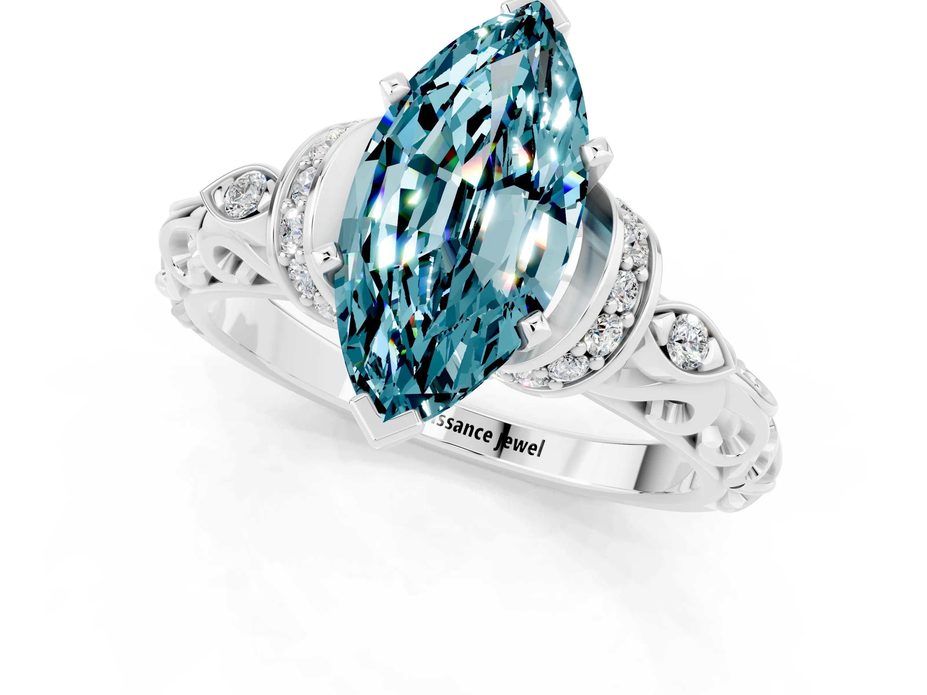 White gold Marquise Cut Blue Topaz Solitaire Ring with Filigree Band and Four-Prong Setting_25