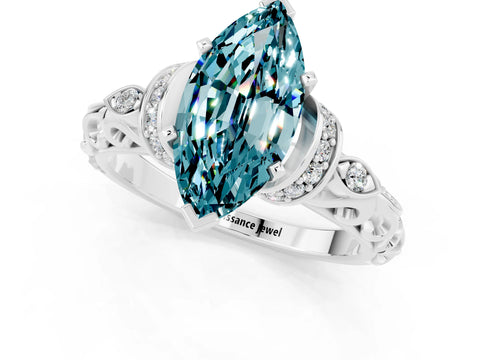 White gold Marquise Cut Blue Topaz Solitaire Ring with Filigree Band and Four-Prong Setting_25