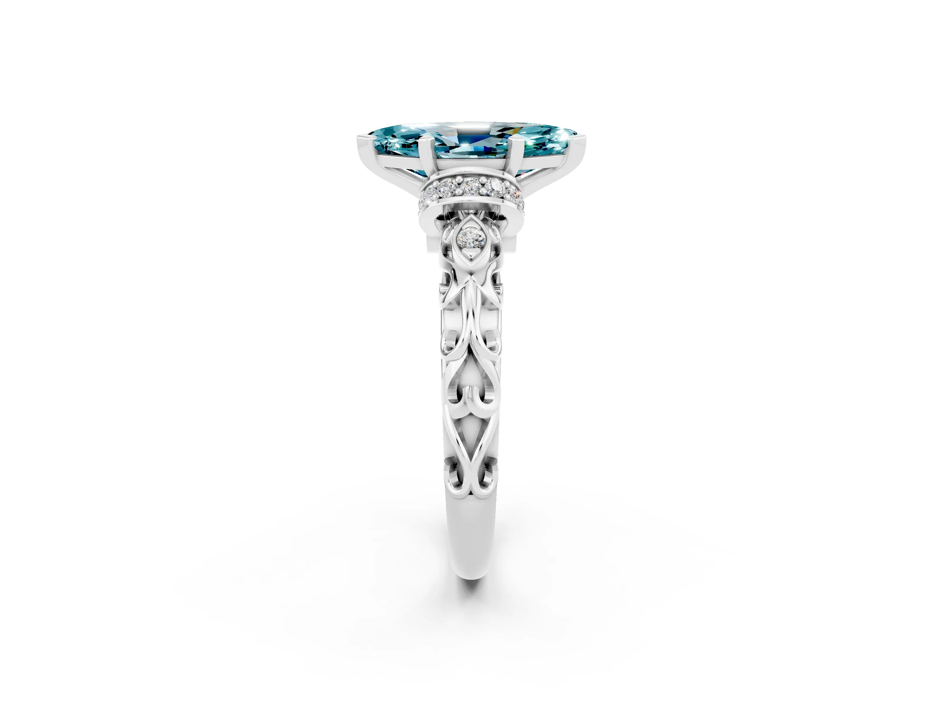 White gold Marquise Cut Blue Topaz Solitaire Ring with Filigree Band and Four-Prong Setting_26