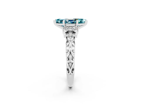 White gold Marquise Cut Blue Topaz Solitaire Ring with Filigree Band and Four-Prong Setting_26