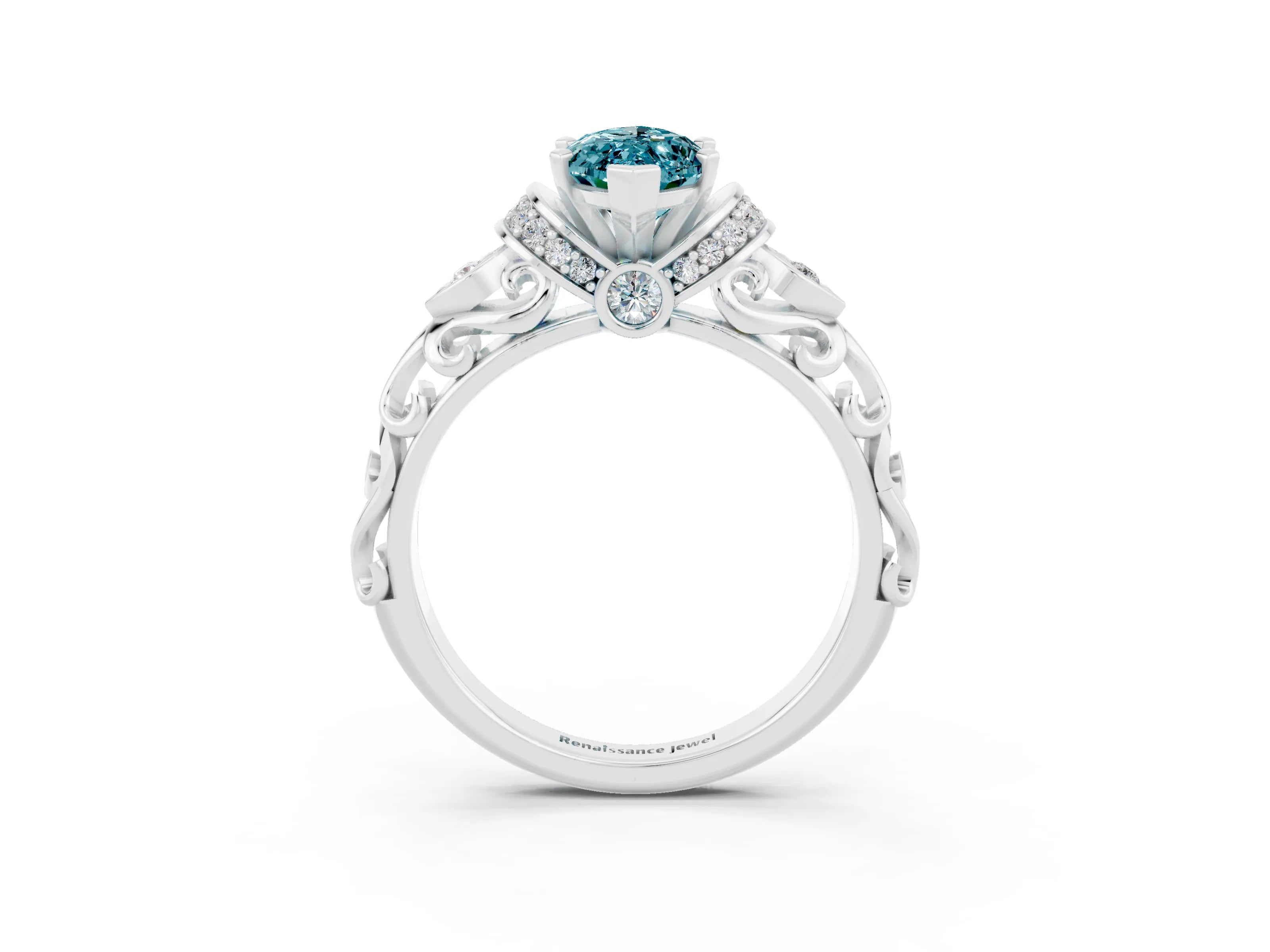 White gold Marquise Cut Blue Topaz Solitaire Ring with Filigree Band and Four-Prong Setting_27