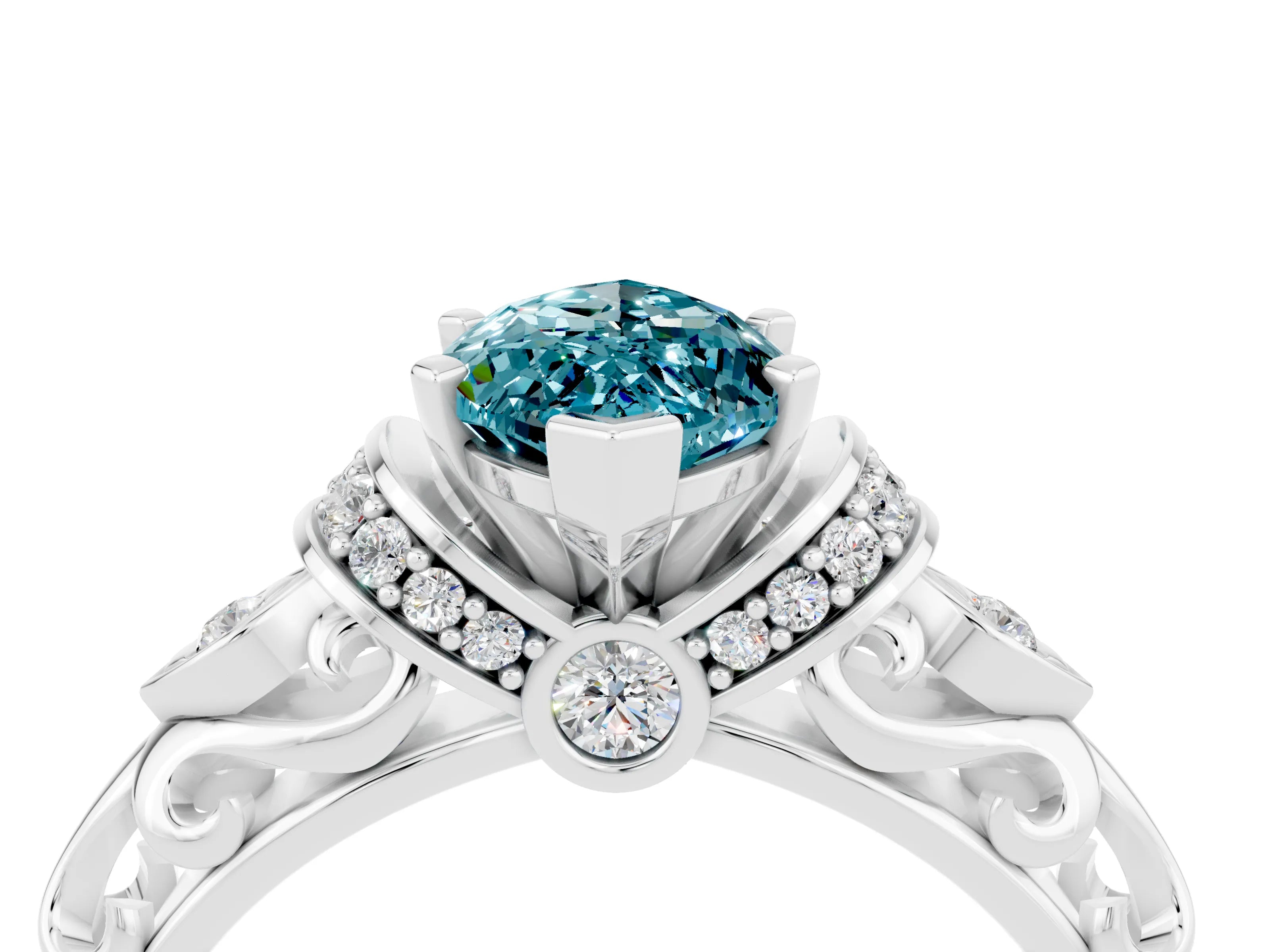White gold Marquise Cut Blue Topaz Solitaire Ring with Filigree Band and Four-Prong Setting_28