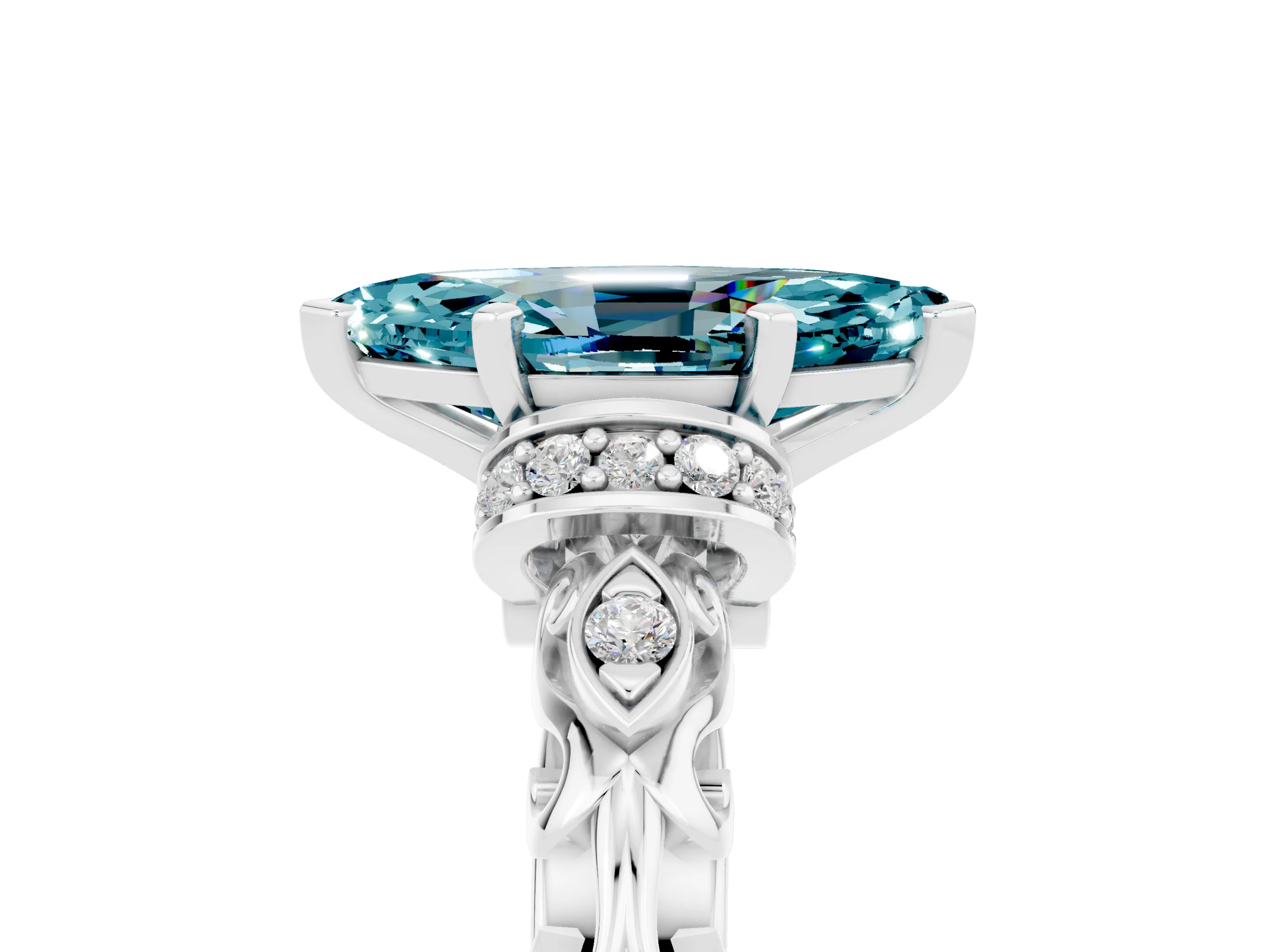 White gold Marquise Cut Blue Topaz Solitaire Ring with Filigree Band and Four-Prong Setting_29