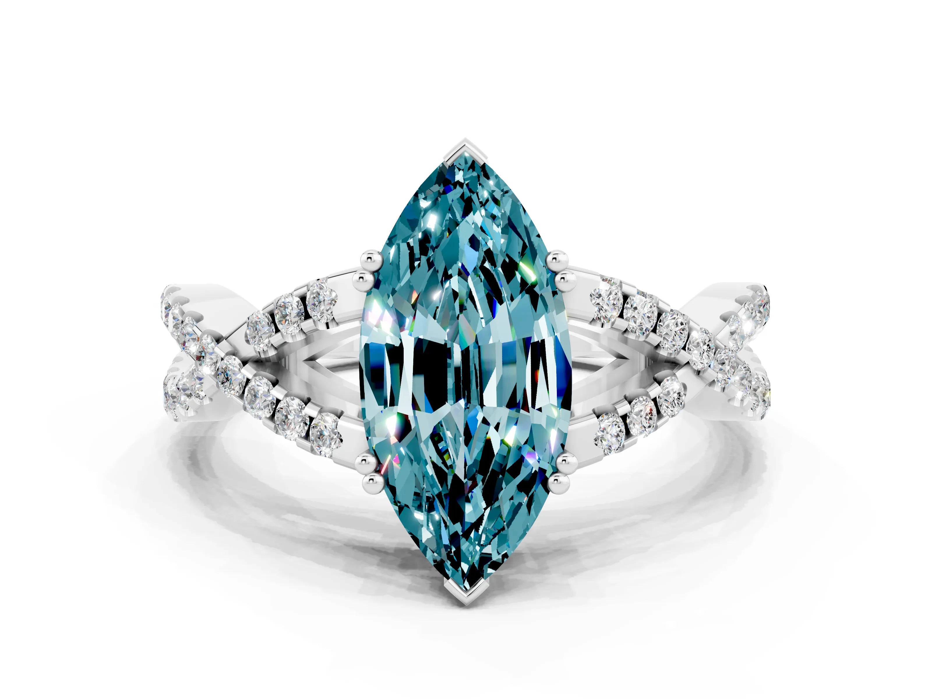 White gold Marquise Cut Blue Topaz Solitaire Ring with Four-Prong Setting and Twisted Pavé Band