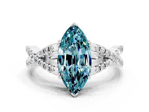 White gold Marquise Cut Blue Topaz Solitaire Ring with Four-Prong Setting and Twisted Pavé Band