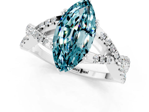 White gold Marquise Cut Blue Topaz Solitaire Ring with Four-Prong Setting and Twisted Pavé Band_1