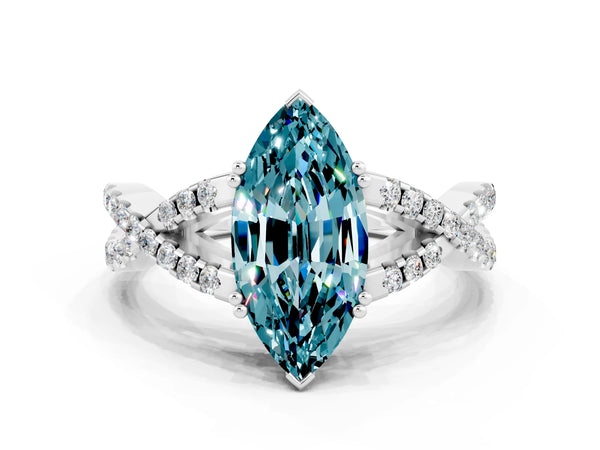 Silver Marquise Cut Blue Topaz Solitaire Ring with Four-Prong Setting and Twisted Pavé Band