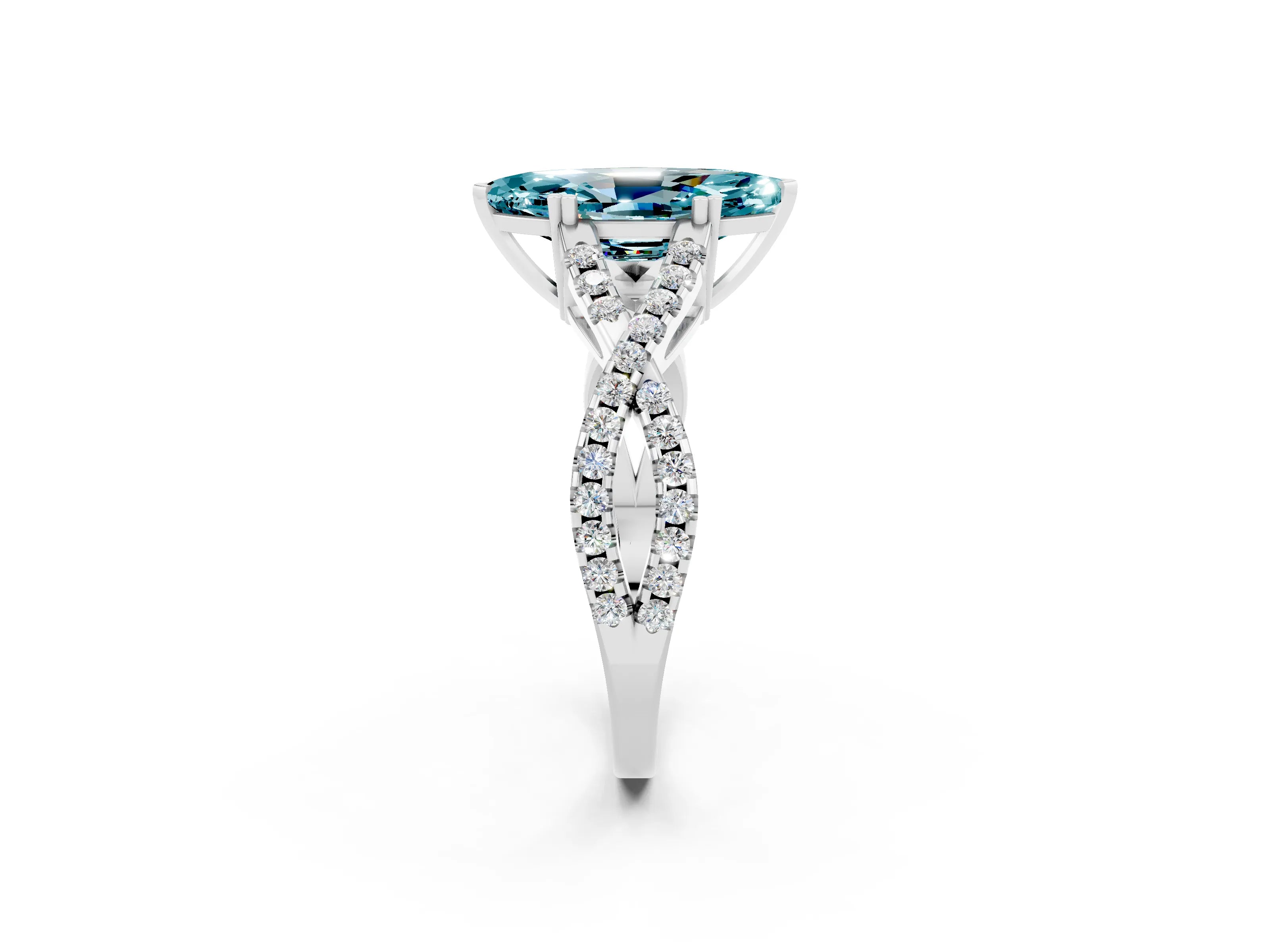 White gold Marquise Cut Blue Topaz Solitaire Ring with Four-Prong Setting and Twisted Pavé Band_2