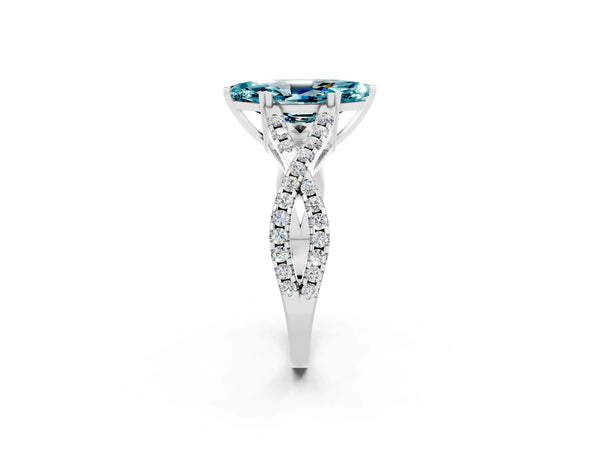 Platinum Marquise Cut Blue Topaz Solitaire Ring with Four-Prong Setting and Twisted Pavé Band