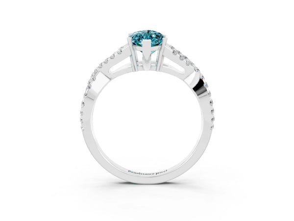 Platinum Marquise Cut Blue Topaz Solitaire Ring with Four-Prong Setting and Twisted Pavé Band