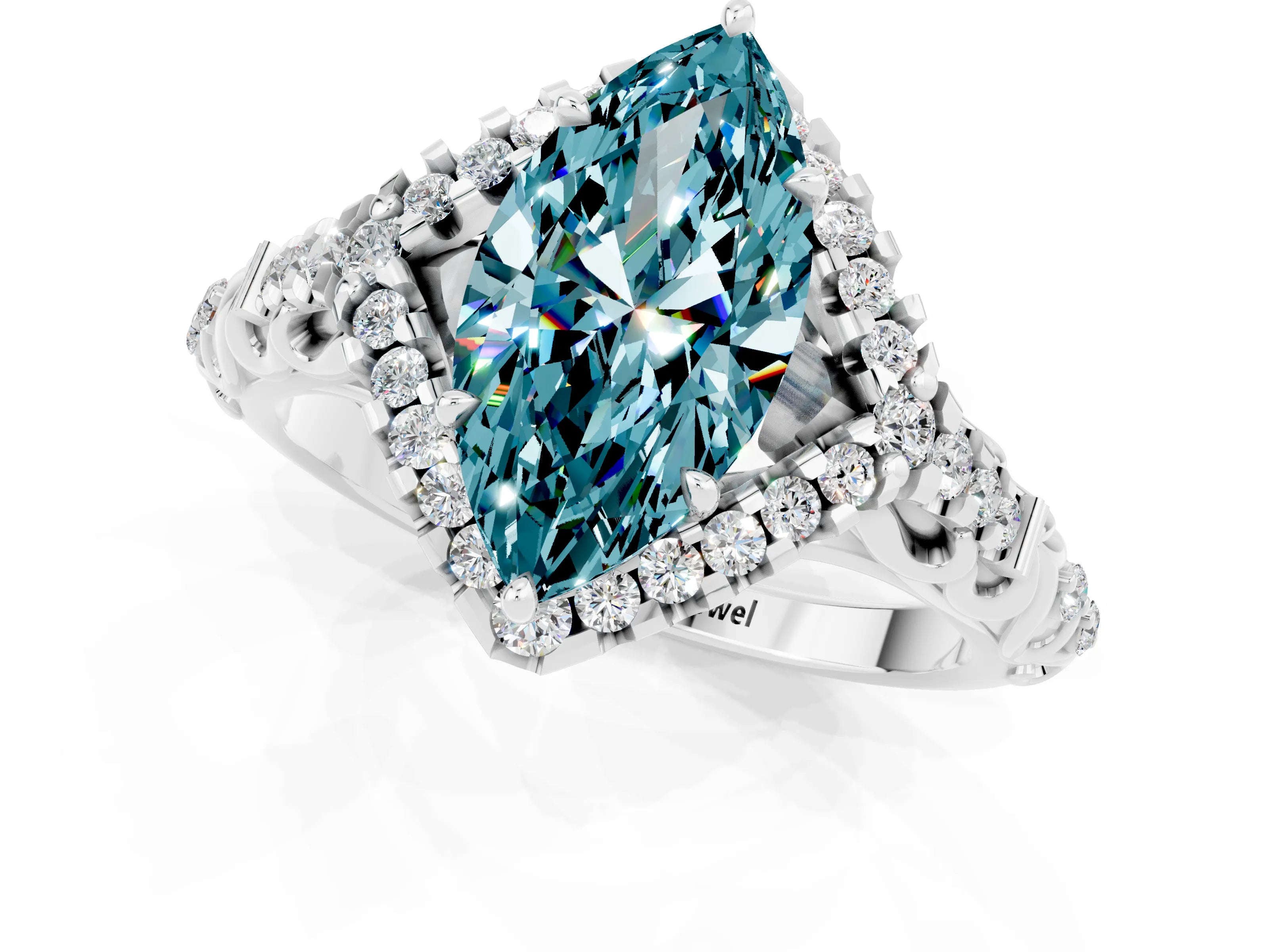 White gold Marquise Cut Blue Topaz Solitaire Ring with Hidden Halo and Pavé Band_13