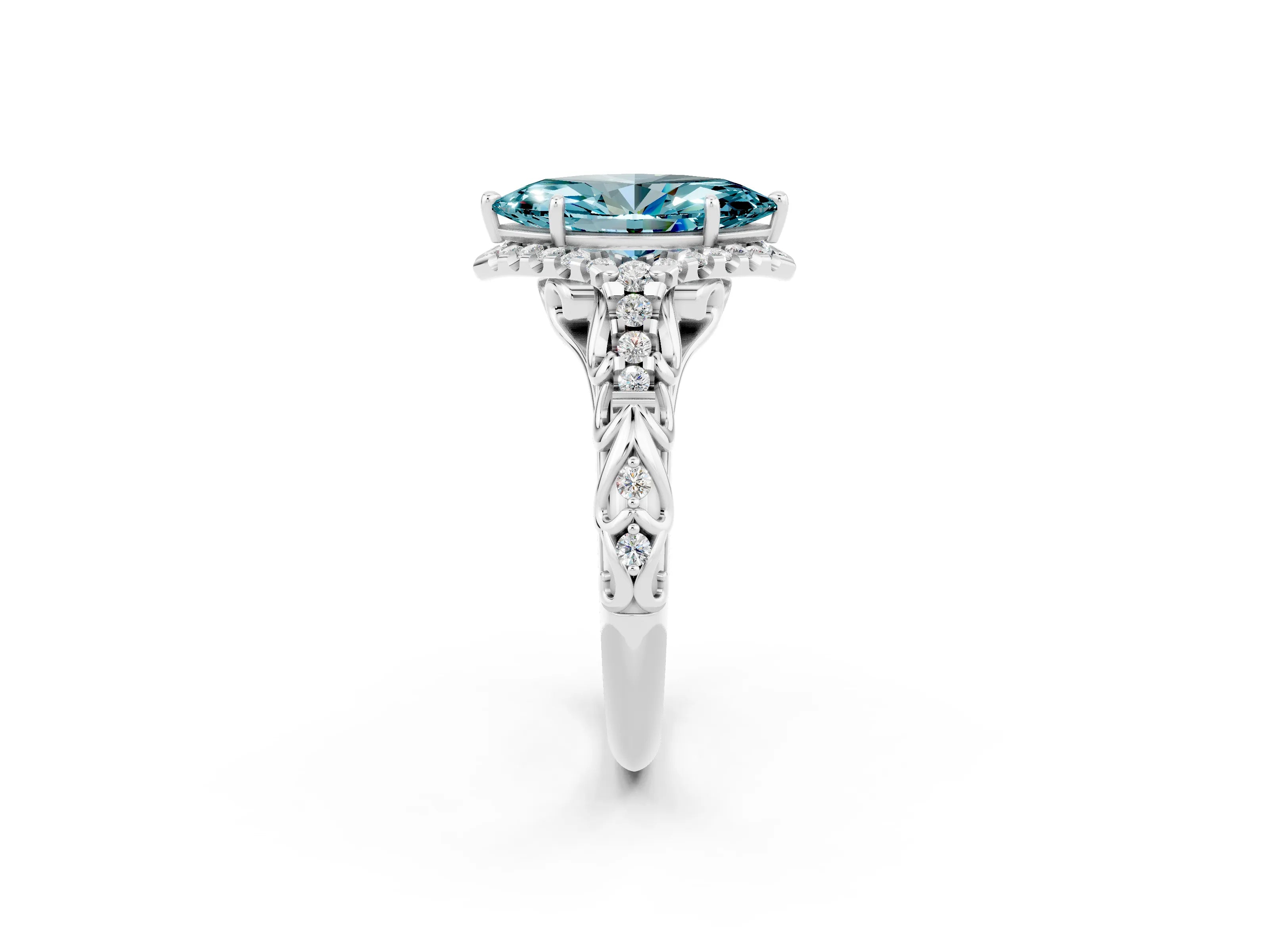 White gold Marquise Cut Blue Topaz Solitaire Ring with Hidden Halo and Pavé Band_14
