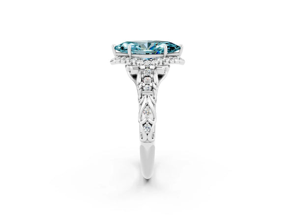Silver Marquise Cut Blue Topaz Solitaire Ring with Hidden Halo and Pavé Band