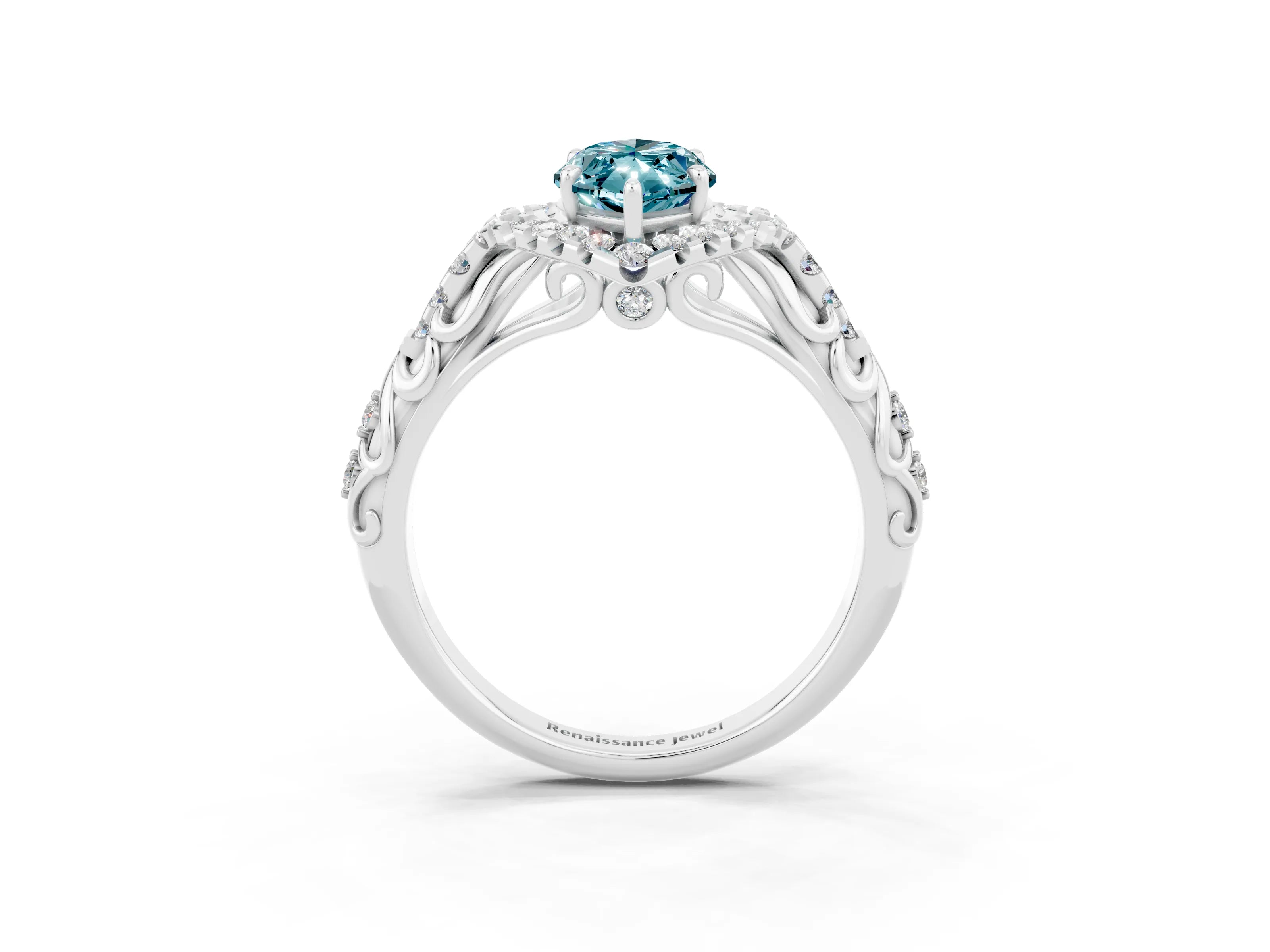 White gold Marquise Cut Blue Topaz Solitaire Ring with Hidden Halo and Pavé Band_15