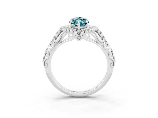 White gold Marquise Cut Blue Topaz Solitaire Ring with Hidden Halo and Pavé Band