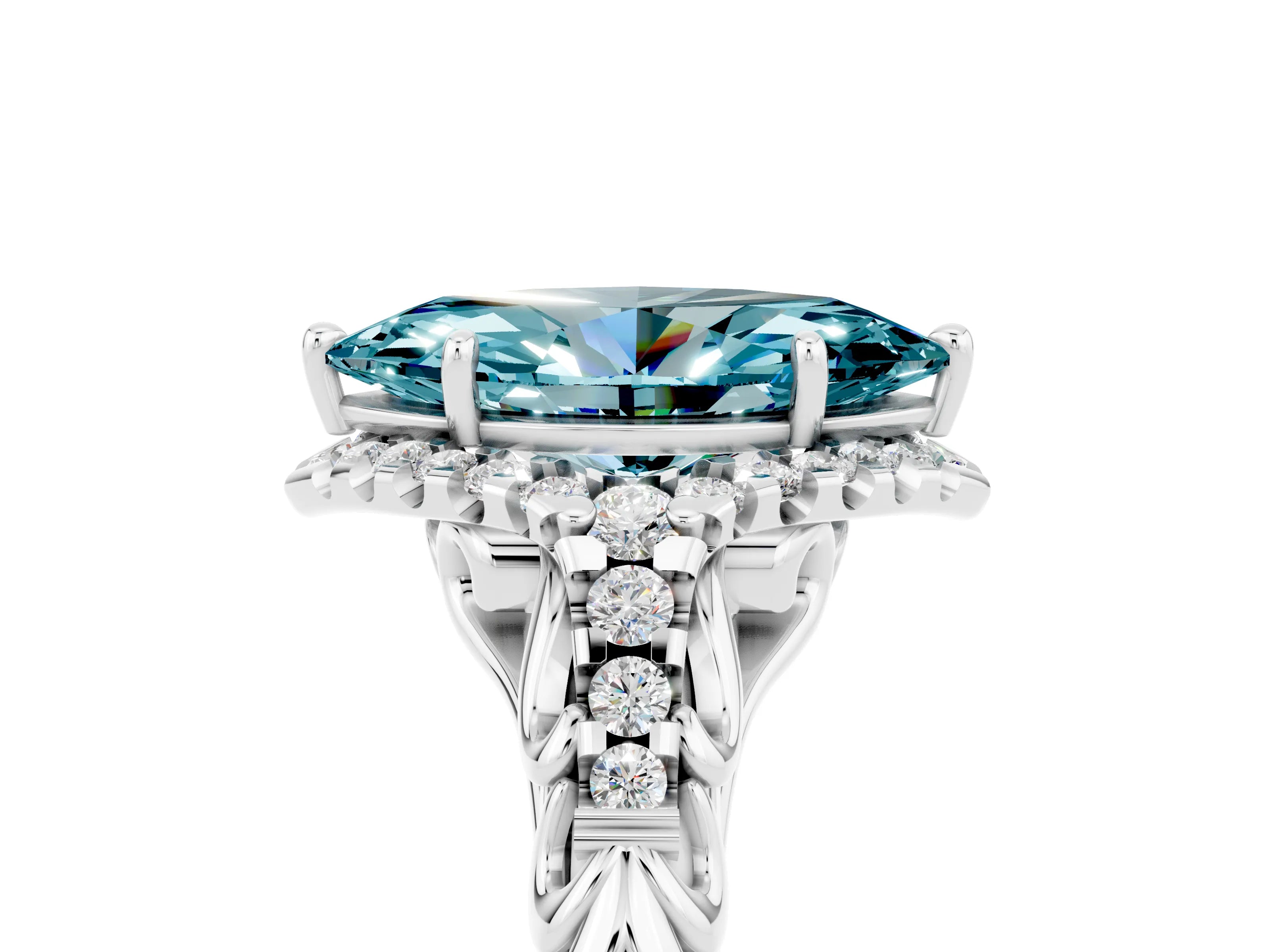 White gold Marquise Cut Blue Topaz Solitaire Ring with Hidden Halo and Pavé Band_17