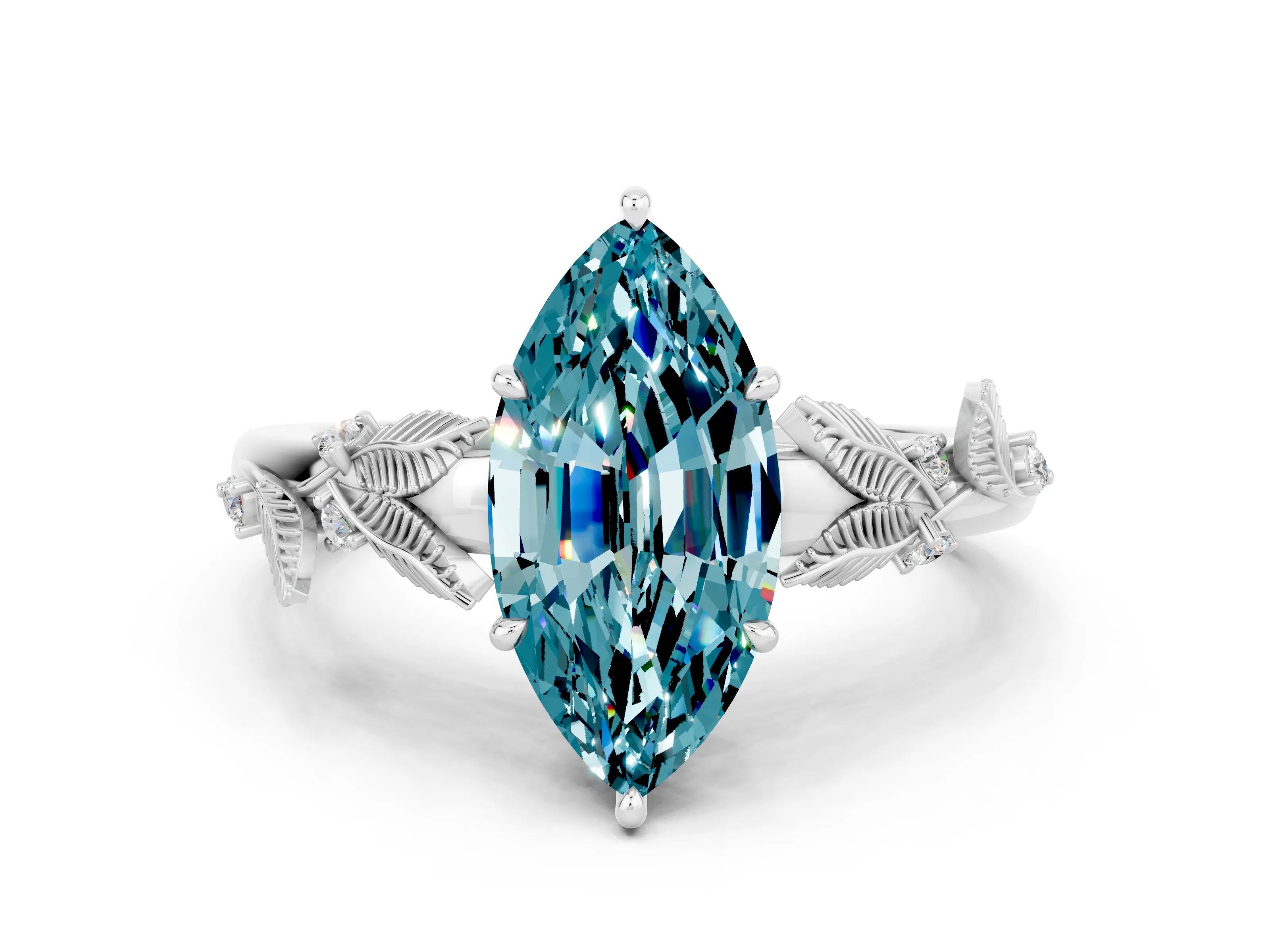 White gold Marquise Cut Blue Topaz Solitaire Ring with Leaf Motif Band and Four-Prong Setting_12