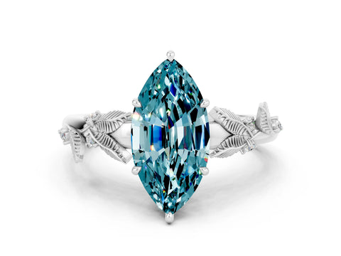 White gold Marquise Cut Blue Topaz Solitaire Ring with Leaf Motif Band and Four-Prong Setting_12