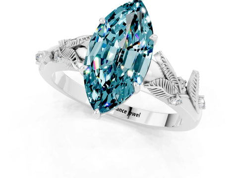 White gold Marquise Cut Blue Topaz Solitaire Ring with Leaf Motif Band and Four-Prong Setting_13