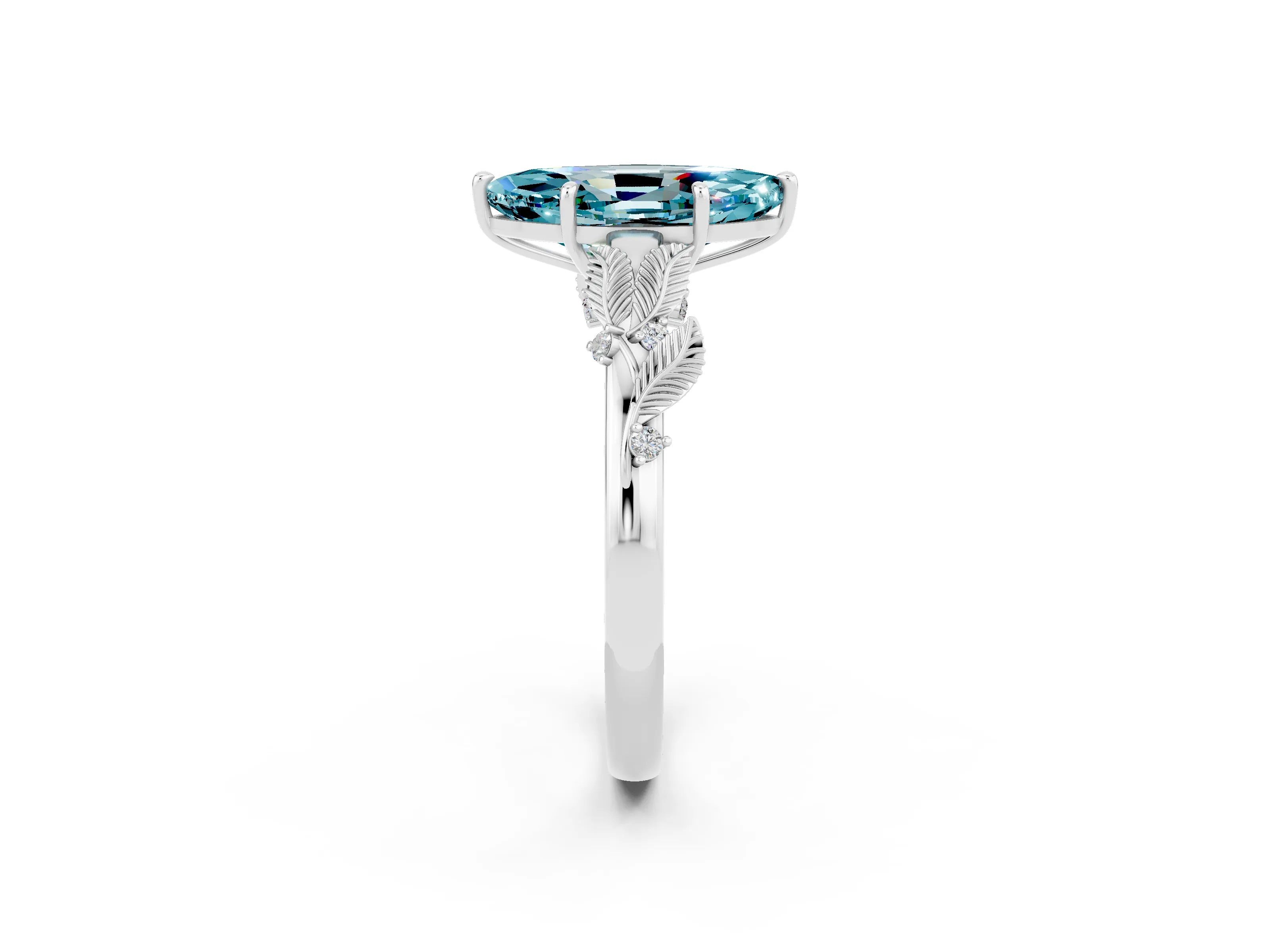 White gold Marquise Cut Blue Topaz Solitaire Ring with Leaf Motif Band and Four-Prong Setting_14