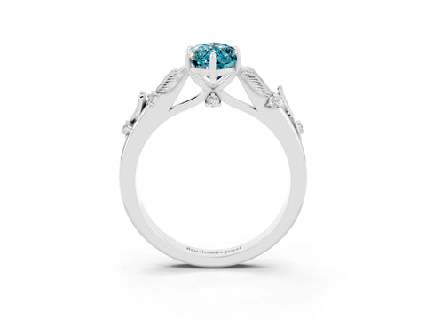 White gold Marquise Cut Blue Topaz Solitaire Ring with Leaf Motif Band and Four-Prong Setting_15