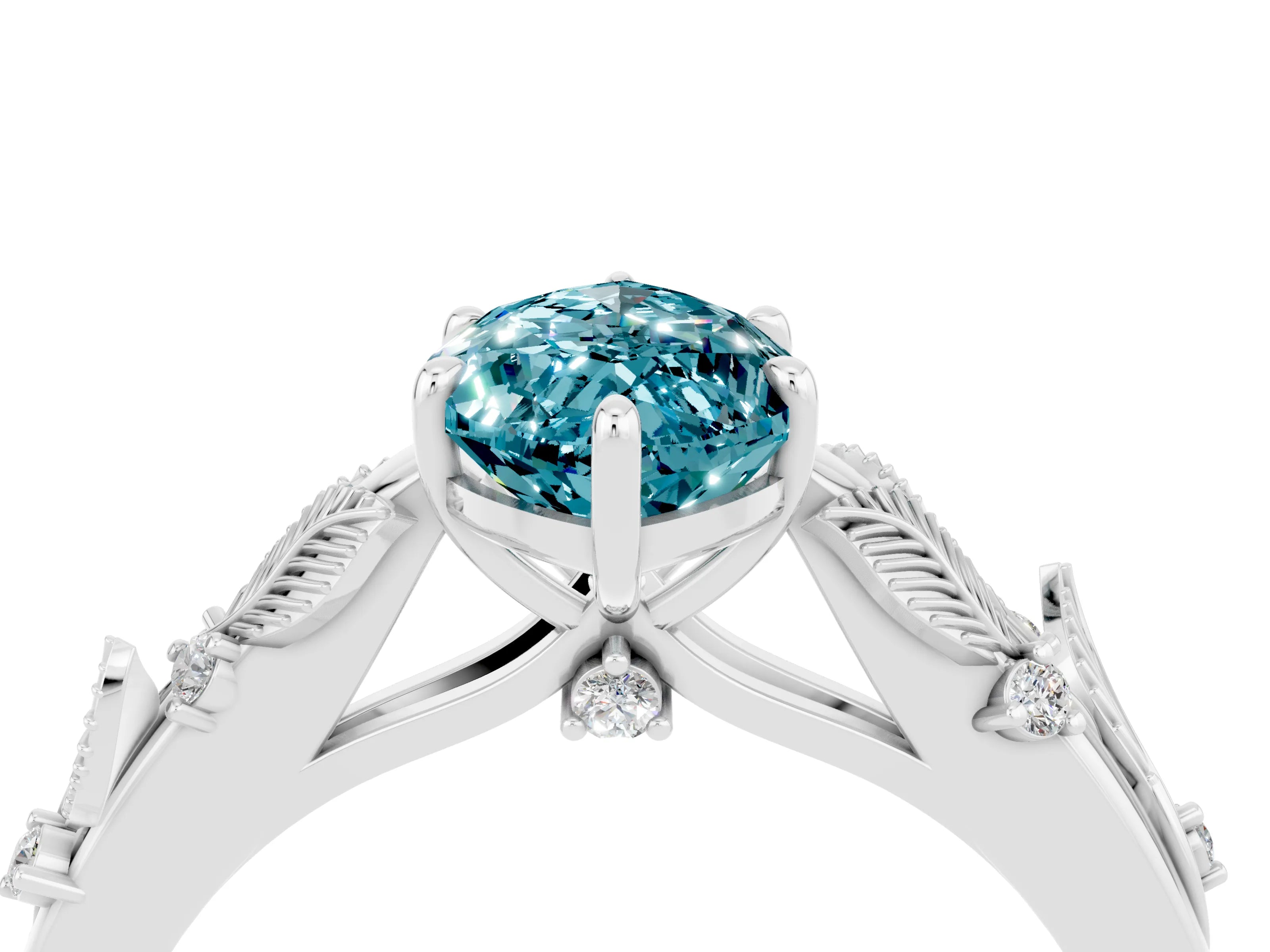 White gold Marquise Cut Blue Topaz Solitaire Ring with Leaf Motif Band and Four-Prong Setting_16