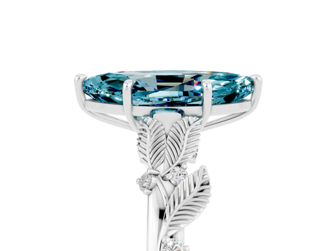 White gold Marquise Cut Blue Topaz Solitaire Ring with Leaf Motif Band and Four-Prong Setting_17