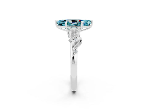 White gold Marquise Cut Blue Topaz Solitaire Ring with Leaf Motif Band and Four-Prong Setting_2