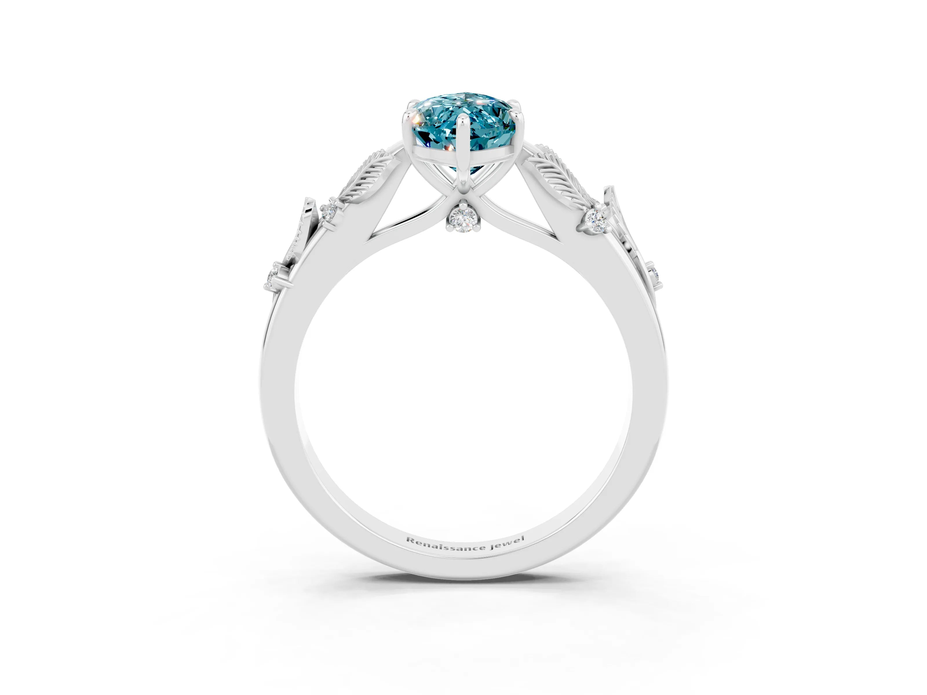 White gold Marquise Cut Blue Topaz Solitaire Ring with Leaf Motif Band and Four-Prong Setting_3