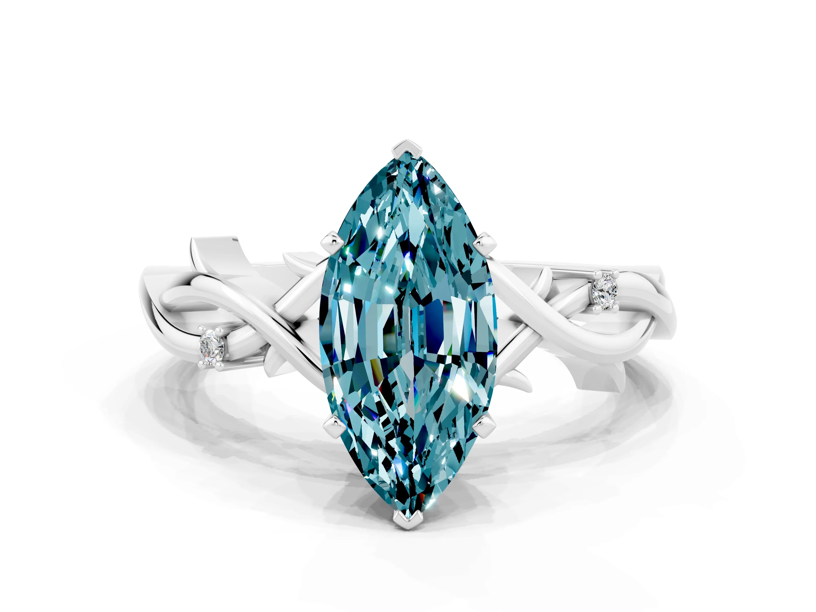 White gold Marquise Cut Blue Topaz Solitaire Ring with Milgrain Pavé Band and Four-Prong Setting_12