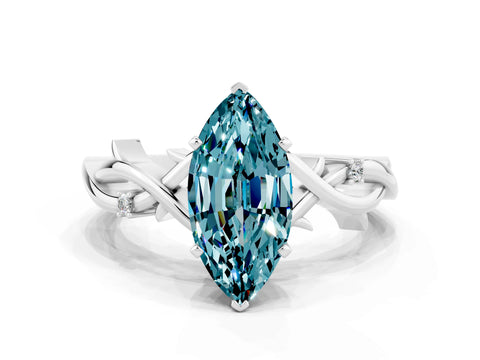 White gold Marquise Cut Blue Topaz Solitaire Ring with Milgrain Pavé Band and Four-Prong Setting_12