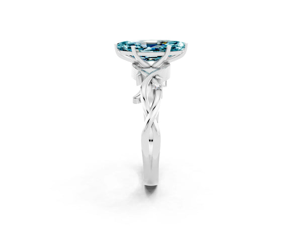 Platinum Marquise Cut Blue Topaz Solitaire Ring with Milgrain Pavé Band and Four-Prong Setting