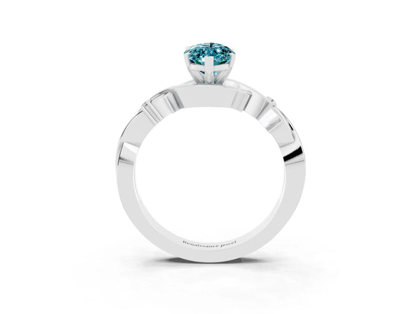 Platinum Marquise Cut Blue Topaz Solitaire Ring with Milgrain Pavé Band and Four-Prong Setting