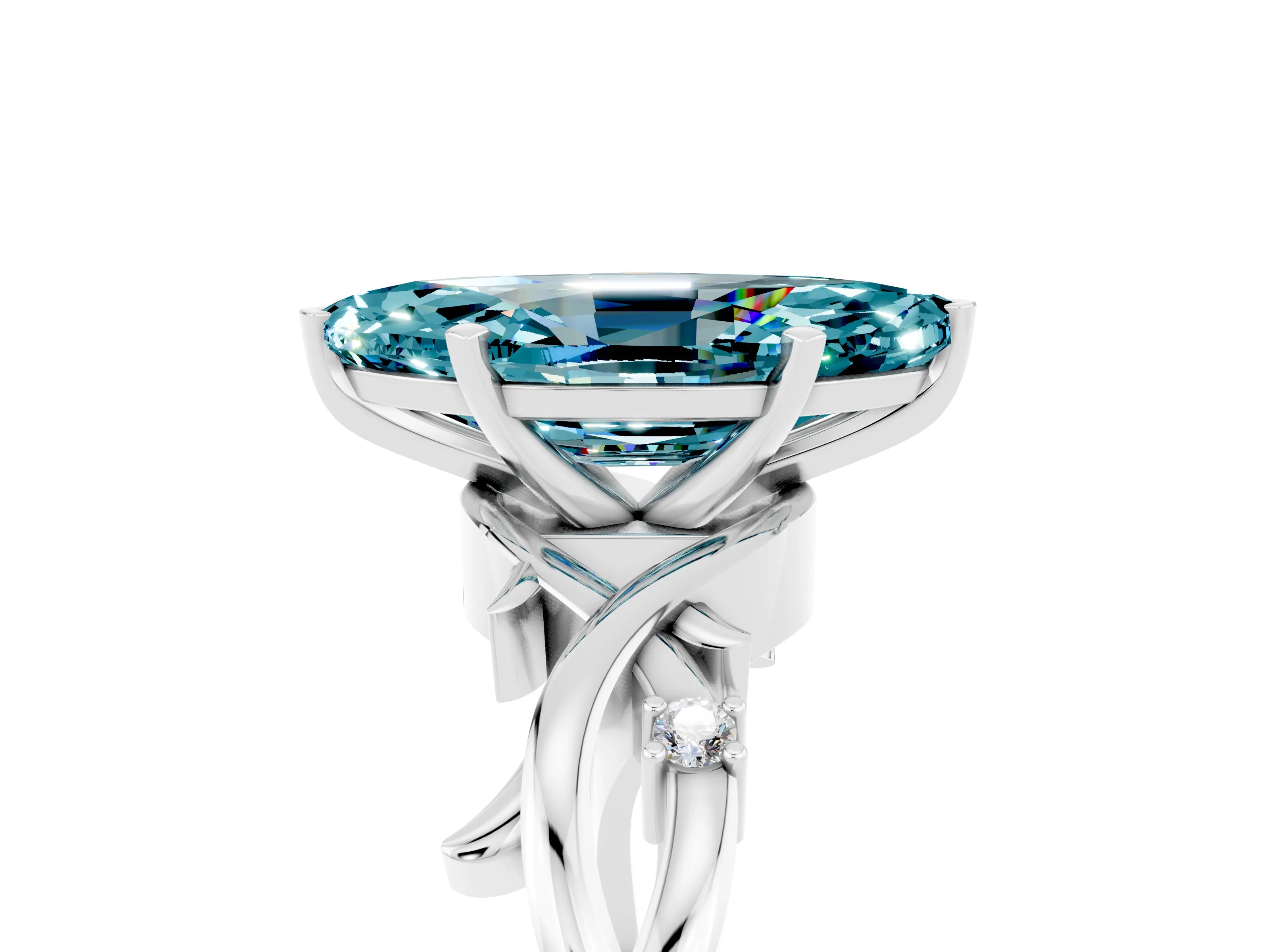 White gold Marquise Cut Blue Topaz Solitaire Ring with Milgrain Pavé Band and Four-Prong Setting_17