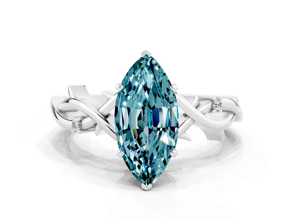 White gold Marquise Cut Blue Topaz Solitaire Ring with Milgrain Pavé Band and Four-Prong Setting