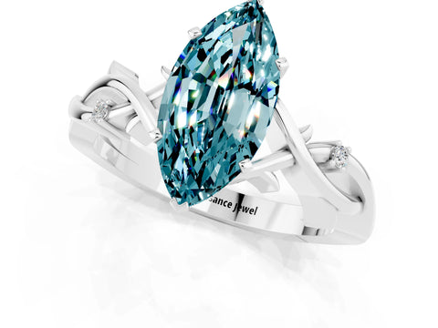 White gold Marquise Cut Blue Topaz Solitaire Ring with Milgrain Pavé Band and Four-Prong Setting_37